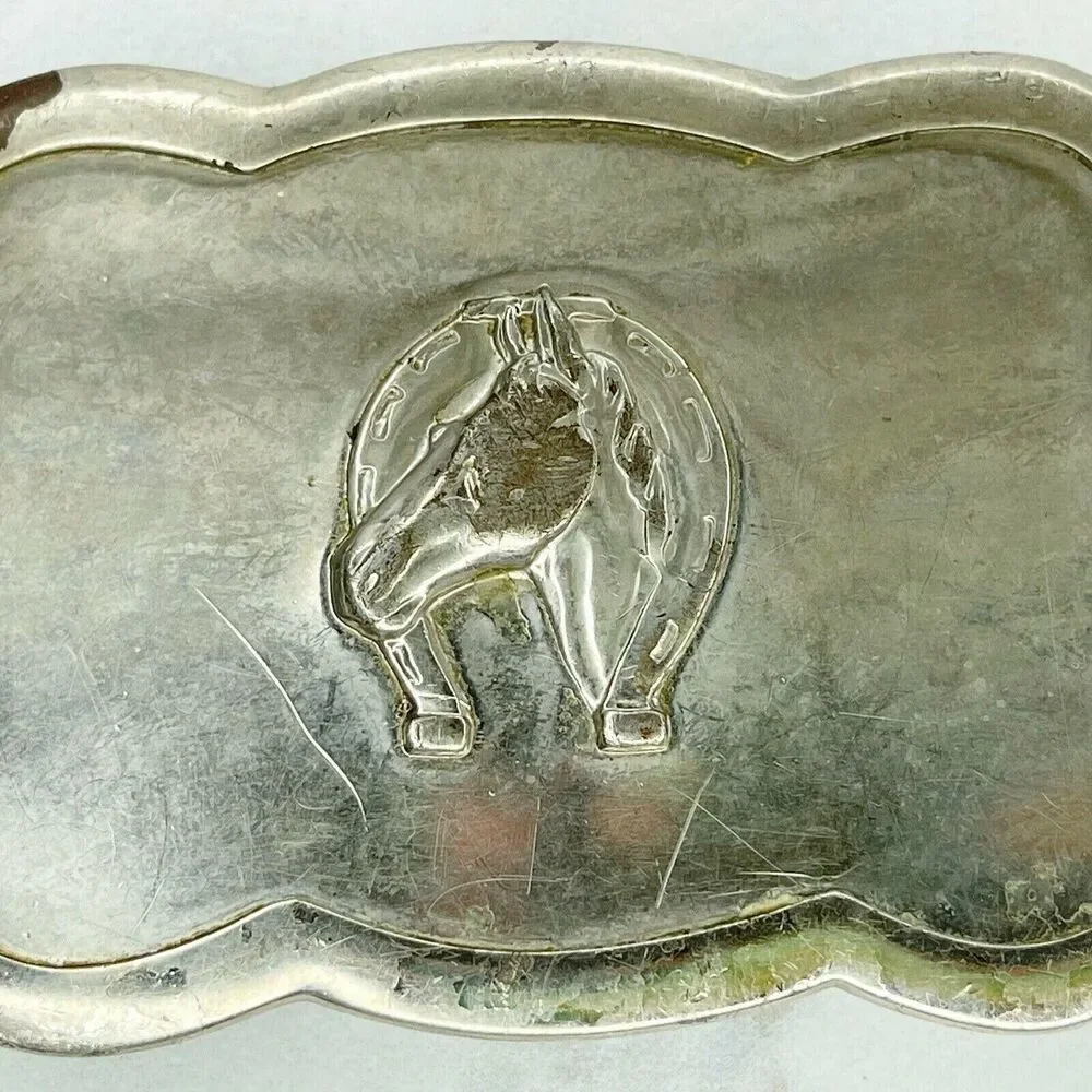 Vintage Silver Tone Horse Head Horseshoe Western Belt Buckle Equestrian ✨